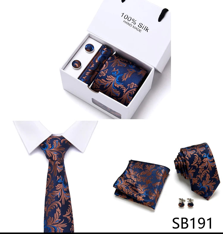 Brand 100% Silk Ties Gift box Office Men Classic Party Wedding striped 7.5cm Silk Wedding Floral Tie Necktie Handkerchief Set