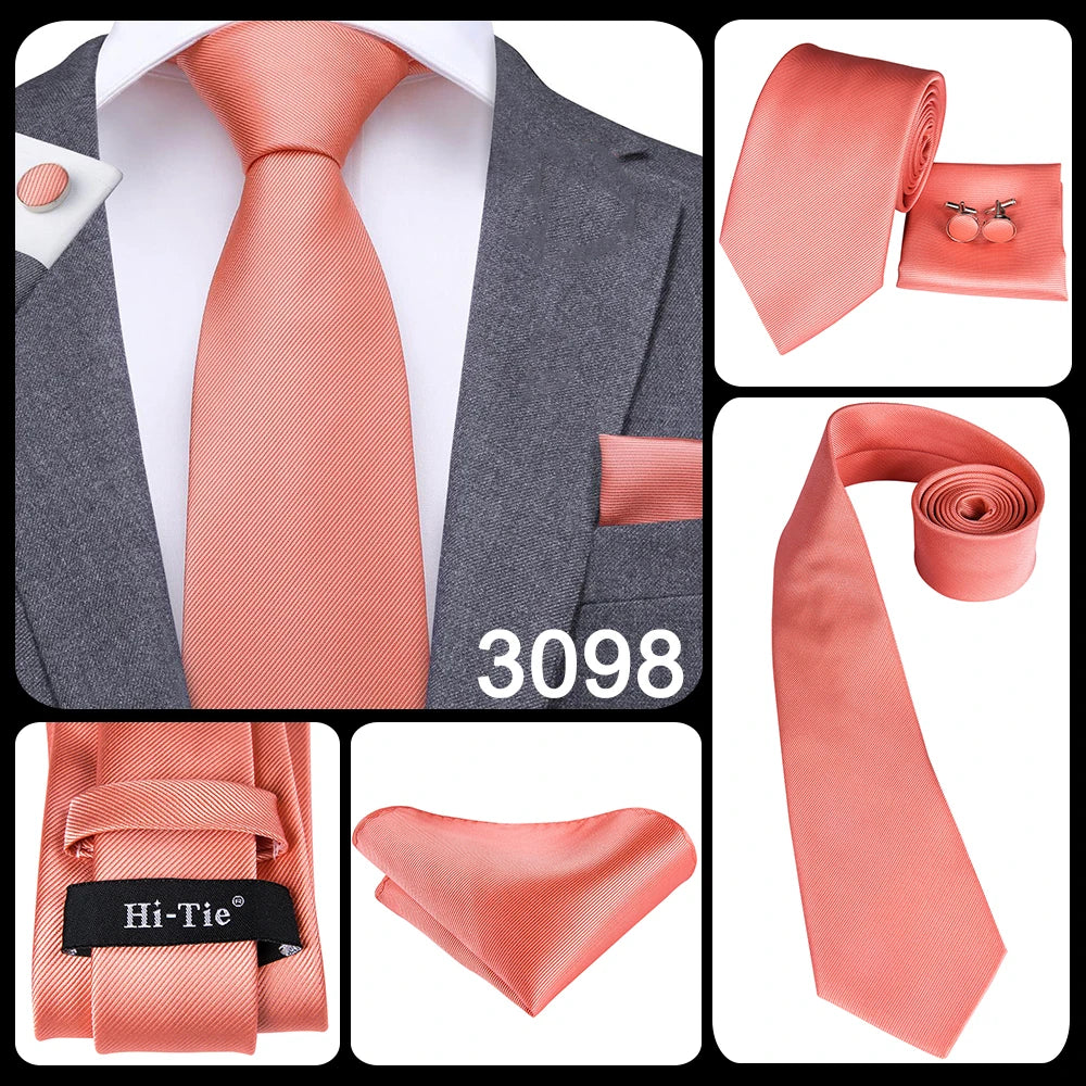 Hi-Tie Cravate de mariage en soie pour homme, motif cachemire, couleur unie, rose, corail, design tendance, qualité, mouchoir, bouton de manchette, fête d'affaires