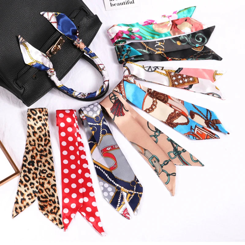 Nouveau petit foulard imprimé floral pour femmes, poignée de sac, rubans, marque, foulard de tête tendance, petits foulards longs et fins, bandeaux en gros