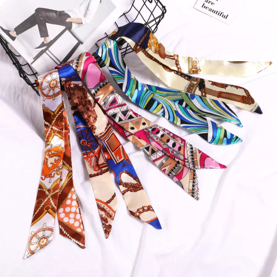 Nouveau petit foulard imprimé floral pour femmes, poignée de sac, rubans, marque, foulard de tête tendance, petits foulards longs et fins, bandeaux en gros
