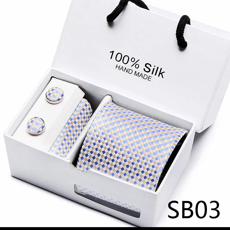 Brand 100% Silk Ties Gift box Office Men Classic Party Wedding striped 7.5cm Silk Wedding Floral Tie Necktie Handkerchief Set