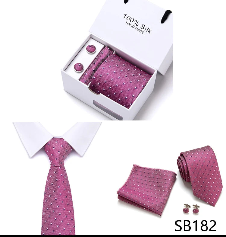 Brand 100% Silk Ties Gift box Office Men Classic Party Wedding striped 7.5cm Silk Wedding Floral Tie Necktie Handkerchief Set