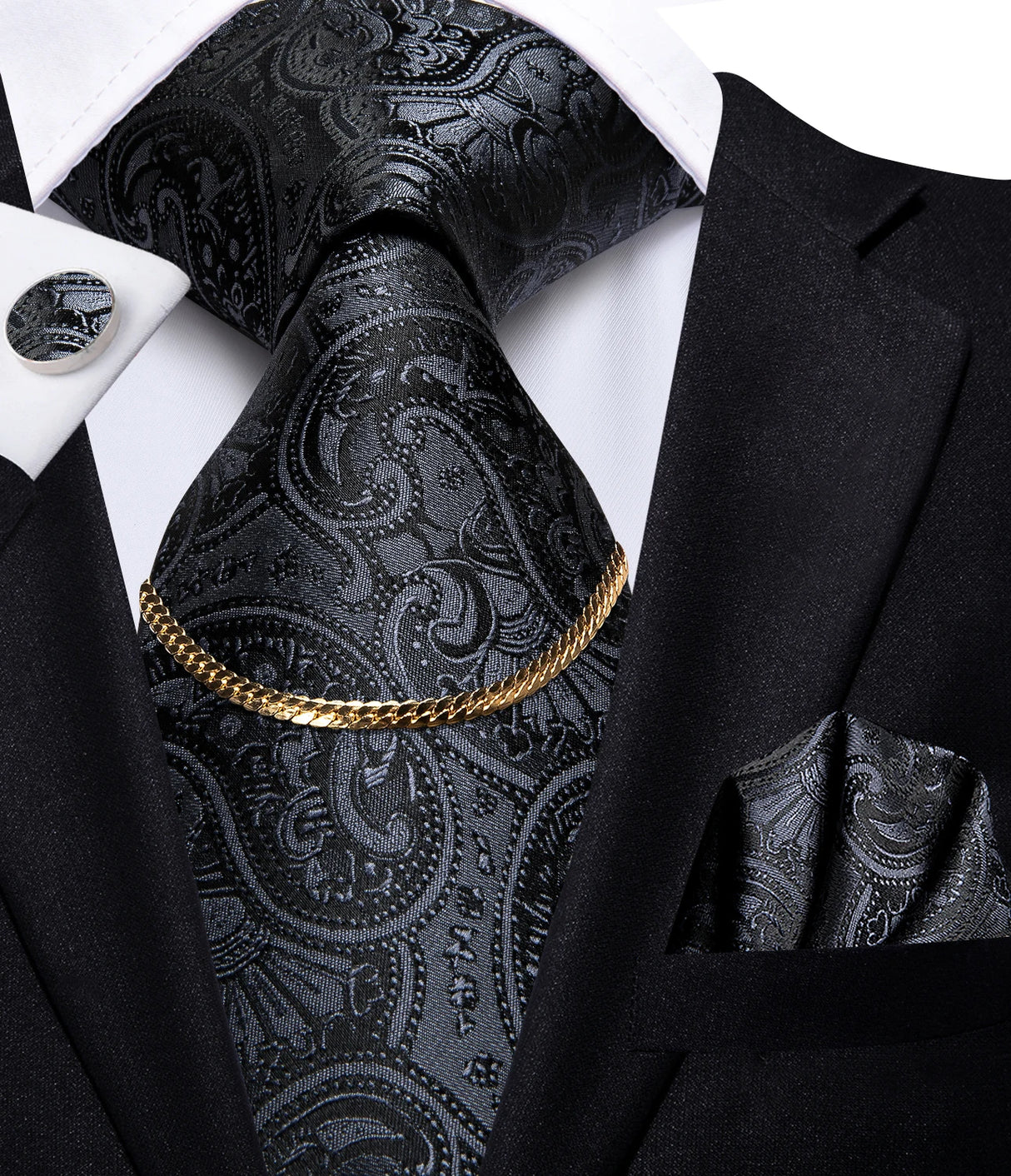Hi-Tie Business Black Luxury Plaid Mens Tie Silk Neckties Fashion Tie Chain Hanky Cufflinks Set Design Gift For Men Wedding