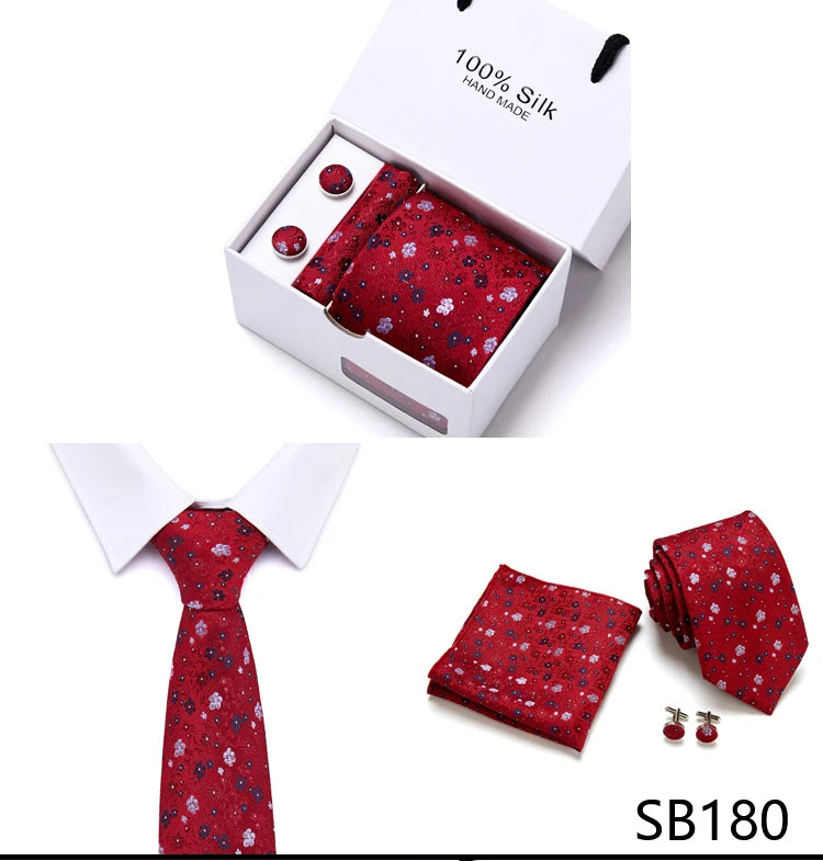 Brand 100% Silk Ties Gift box Office Men Classic Party Wedding striped 7.5cm Silk Wedding Floral Tie Necktie Handkerchief Set