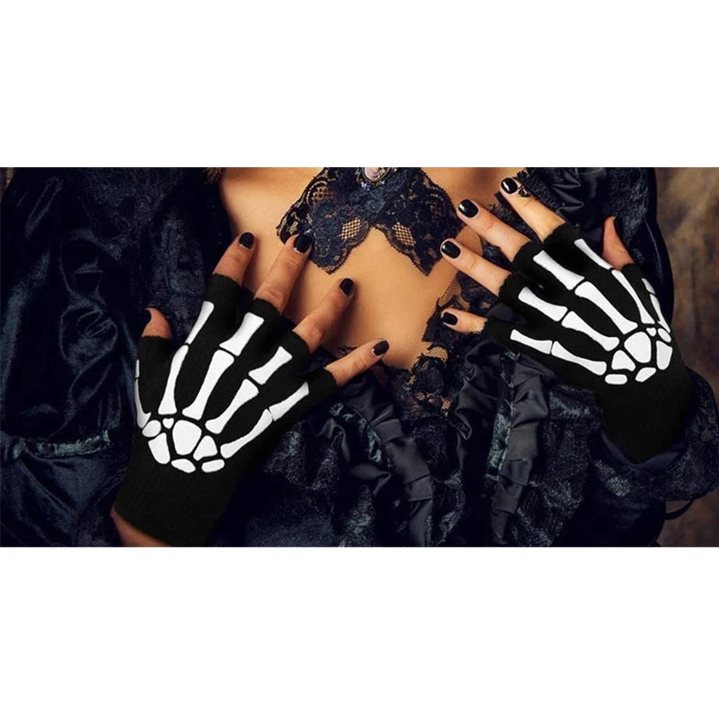 Gants unisexes demi-doigts motif tête de mort pour Halloween, pour l'hiver, mitaines lumineuses, tricotées, pour le cyclisme et le patinage à pied