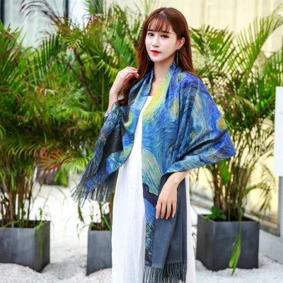 Fashion Oil Painting Scarf Women Winter Warm Van Gogh Painting Tassel Scarves Unique Luxury Long Print Wraps Shawl