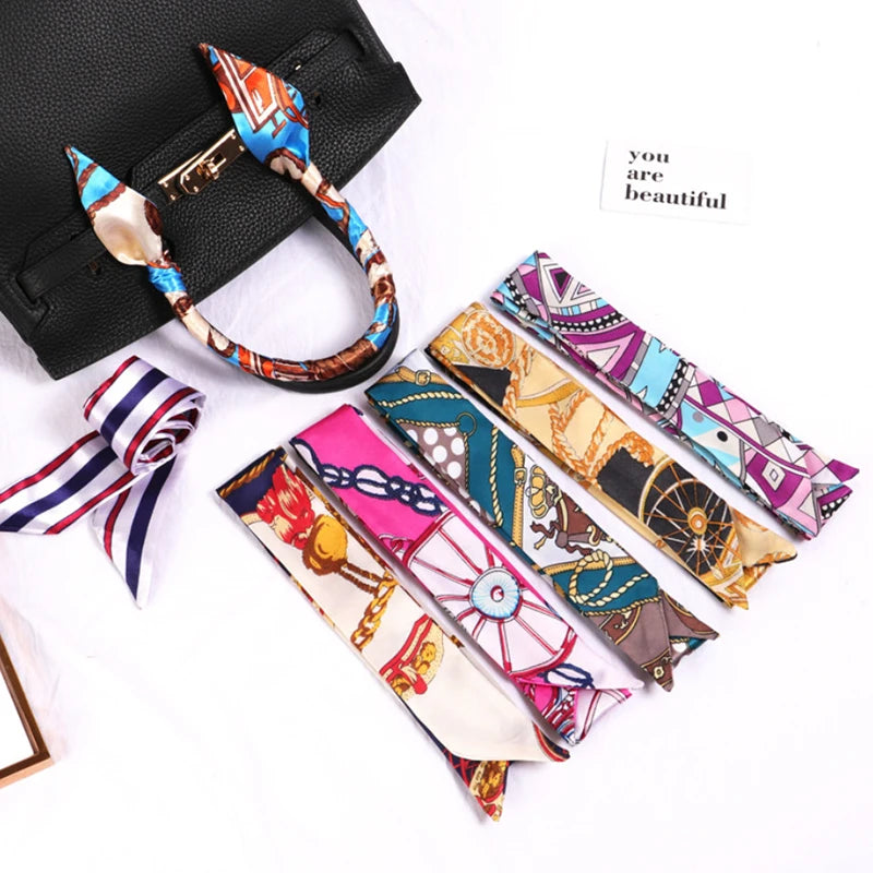 Nouveau petit foulard imprimé floral pour femmes, poignée de sac, rubans, marque, foulard de tête tendance, petits foulards longs et fins, bandeaux en gros