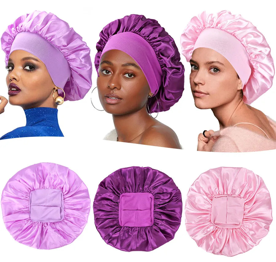 Bonnet de nuit en soie pour femme, noir, rose, violet, avec boucles naturelles bouclées, élastique large et souple, réglable
