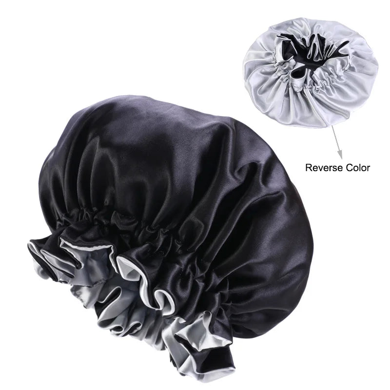 Bonnet de nuit en satin double couleur, bonnet de nuit en dentelle extra large, bonnet rond pour soins capillaires, bonnets de douche