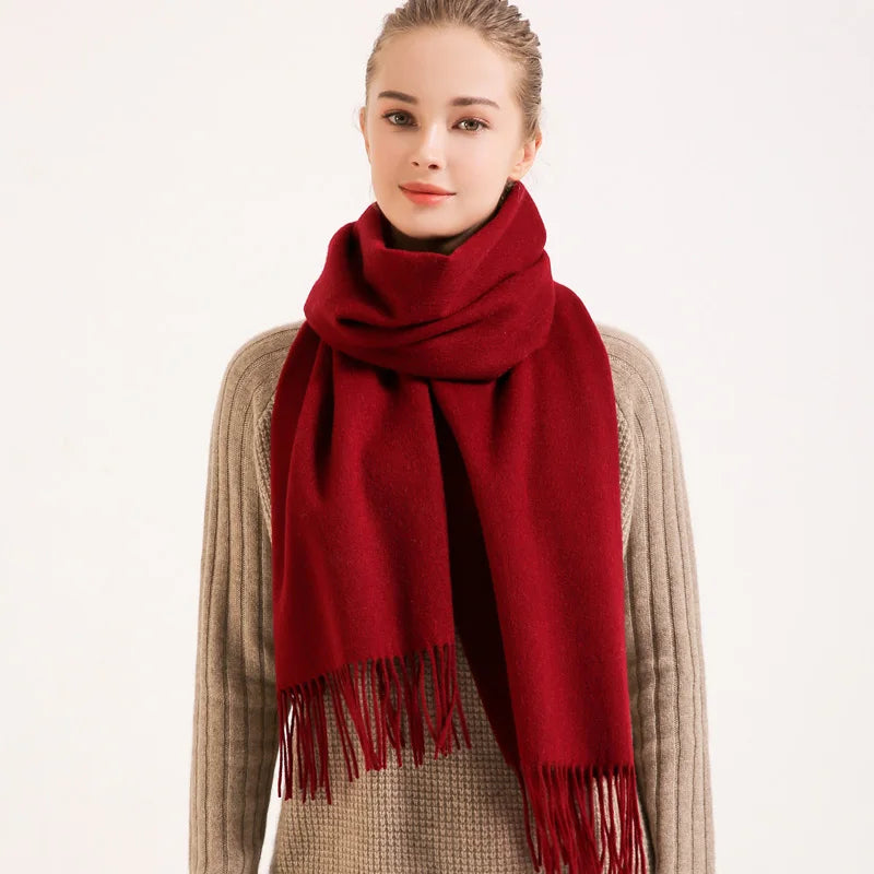 Winter 100% Pure Wool Scarf Women Solid Red Echarpe Wraps for Ladies Foulard Femme with Tassel Warm Merino Wool Scarves Cashmere
