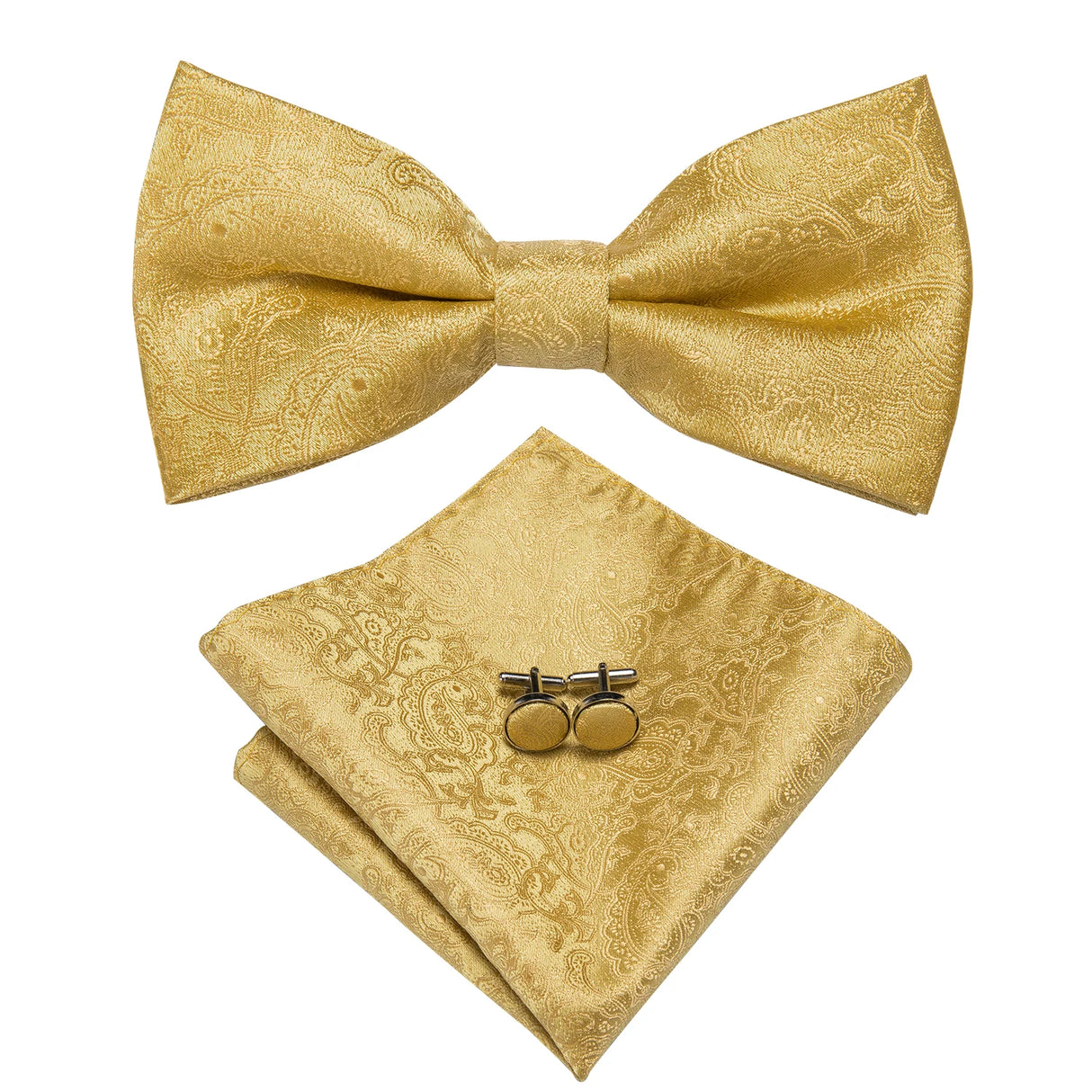 Hi-Tie Luxury Gold Silk Bow Ties for Men Fashion Men's Yellow Bowtie Handkerchief Cufflinks Brooch Set butterfly Wedding Set