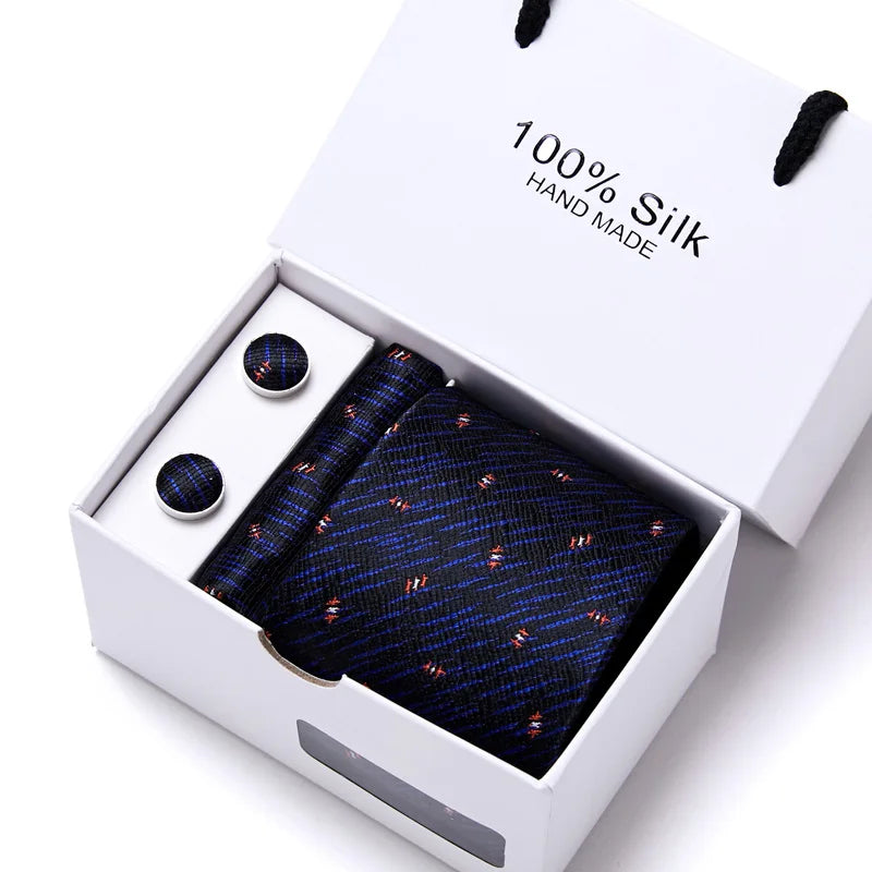 Brand 100% Silk Ties Gift box Office Men Classic Party Wedding striped 7.5cm Silk Wedding Floral Tie Necktie Handkerchief Set