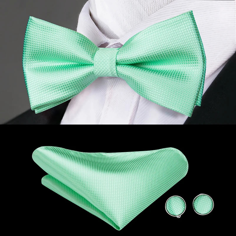 Hi-Tie Nœuds papillon verts de Noël pour hommes Cravate papillon en soie Ensemble de boutons de manchette et mouchoirs pour fête de mariage Nœud papillon uni à carreaux cachemire