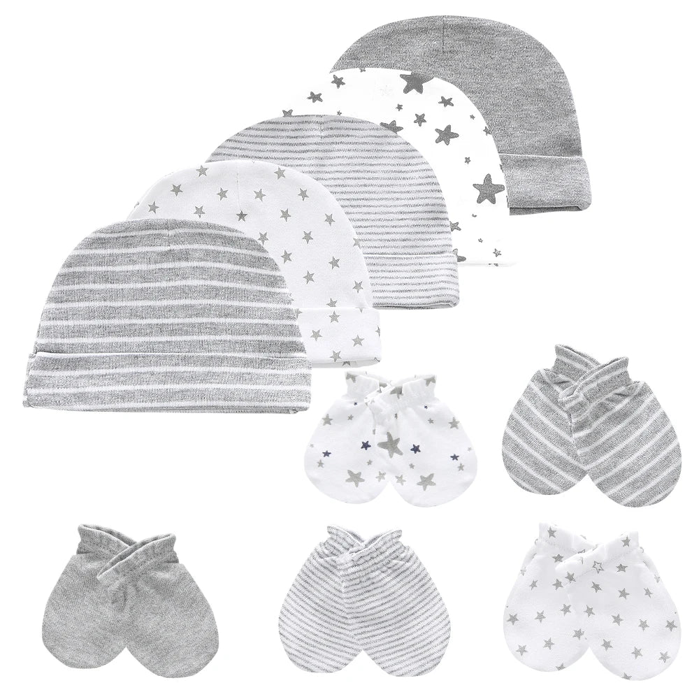 Newborn Boy Girl Hats and Mittens Sets Comfy Infant Baby 5Pcs Caps & 5Pcs Gloves Cotton Toddler Baby Accessorise