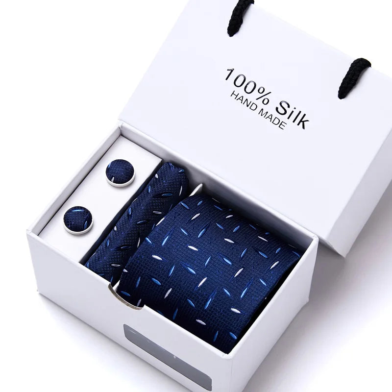 Brand 100% Silk Ties Gift box Office Men Classic Party Wedding striped 7.5cm Silk Wedding Floral Tie Necktie Handkerchief Set