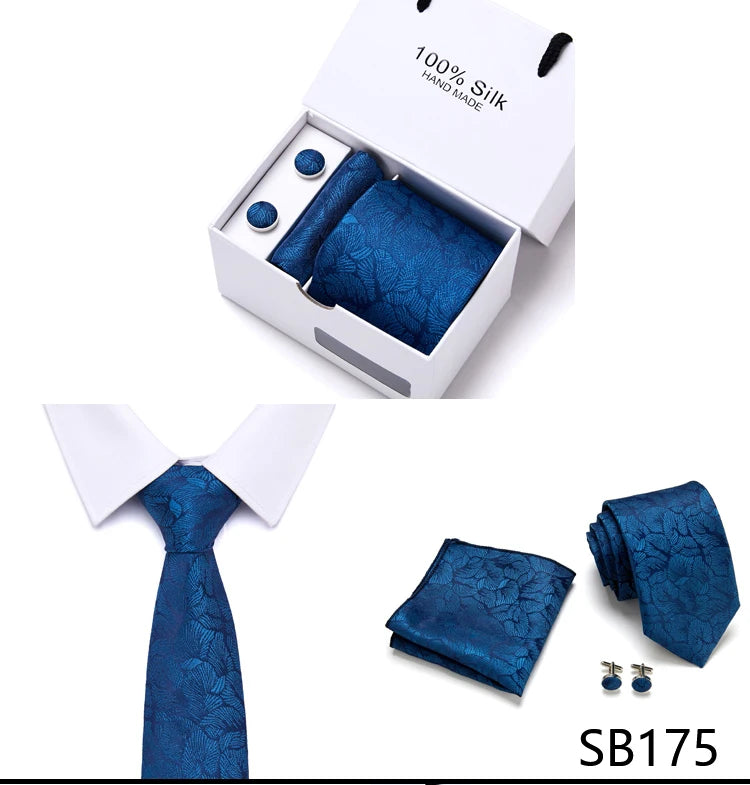 Brand 100% Silk Ties Gift box Office Men Classic Party Wedding striped 7.5cm Silk Wedding Floral Tie Necktie Handkerchief Set
