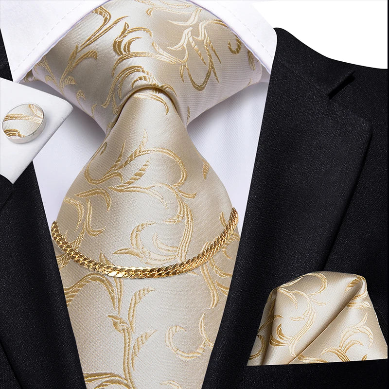 Hi-Tie Business Black Luxury Plaid Mens Tie Silk Neckties Fashion Tie Chain Hanky Cufflinks Set Design Gift For Men Wedding
