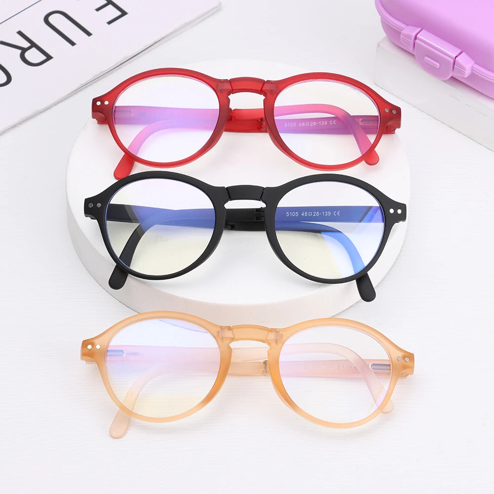 Fashion Design Blue Light Blocking Reading Glasses Men Women Folding Round Frame Presbyopic Eyeglasses with Case +1.0~4.0