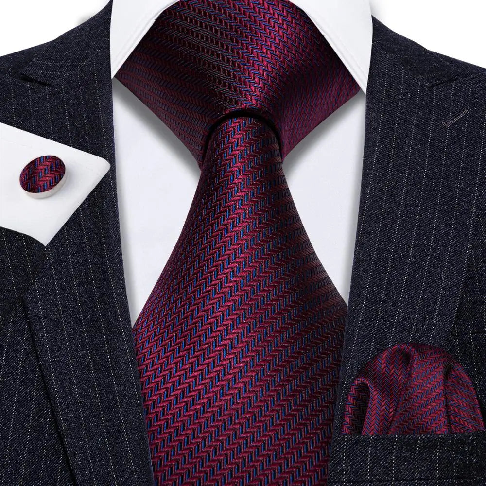 Cravate de mariage en soie rouge, tissée en jacquard, rayée, pour homme, ensemble cravate, mouchoir, boutons de manchette, Barry.Wang, créateur de mode FA-5028