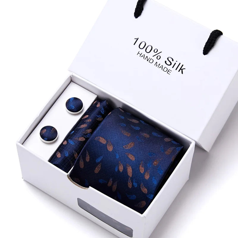 Brand 100% Silk Ties Gift box Office Men Classic Party Wedding striped 7.5cm Silk Wedding Floral Tie Necktie Handkerchief Set