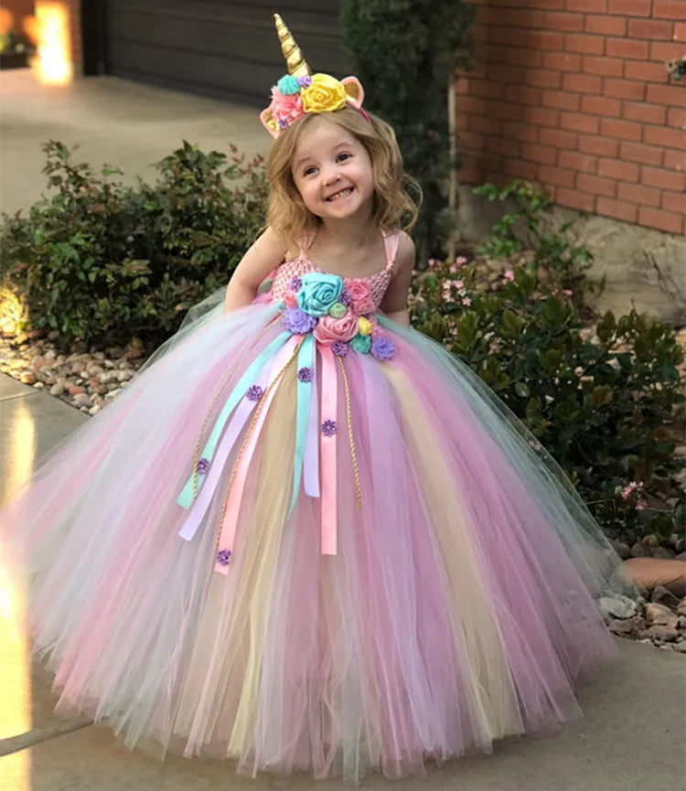 Robe tutu licorne pastel pour filles, robe de bal en tulle crocheté avec rubans marguerites, robe de soirée pour enfants