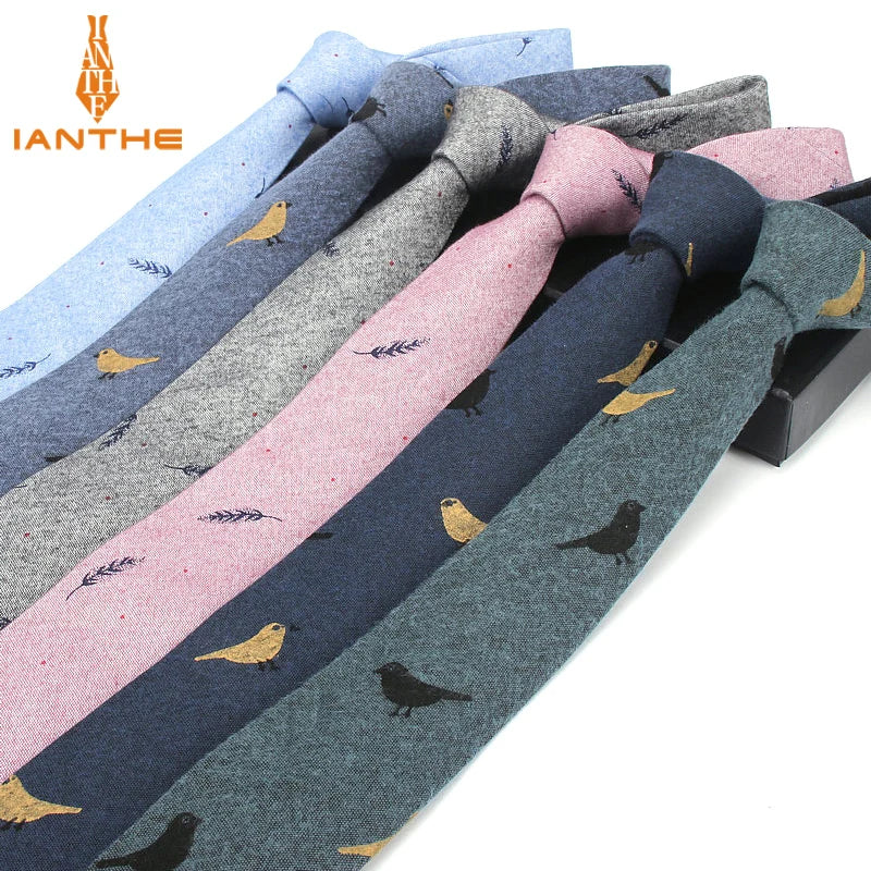 Cravate décontractée en coton pour homme, 6 cm, motif feuilles, imprimé oiseaux, style classique, idéal pour un mariage ou une soirée