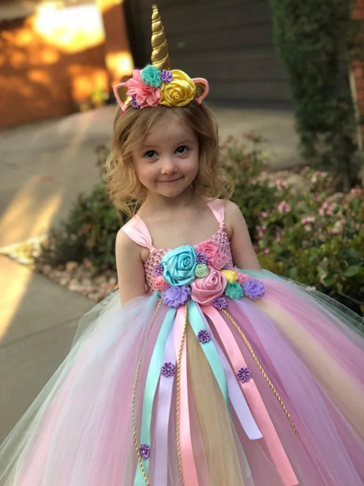 Robe tutu licorne pastel pour filles, robe de bal en tulle crocheté avec rubans marguerites, robe de soirée pour enfants