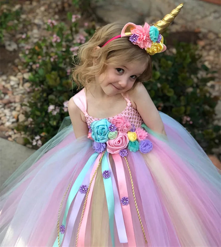 Robe tutu licorne pastel pour filles, robe de bal en tulle crocheté avec rubans marguerites, robe de soirée pour enfants