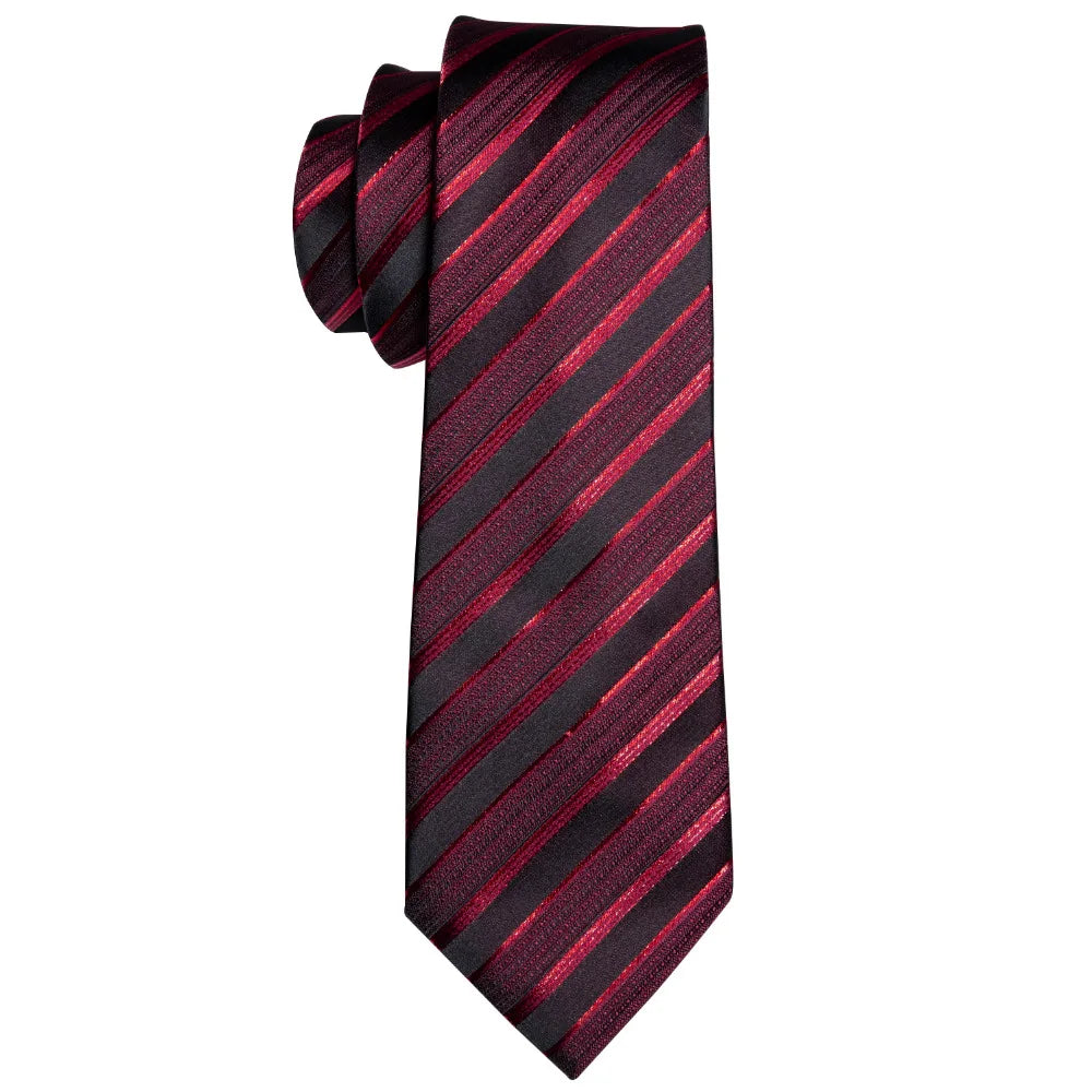 Cravate de luxe pour homme, ensemble de boutons de manchette et mouchoir en soie à rayures rouges, style business, Barry.Wang, accessoire tendance pour mariage, fête, décontracté