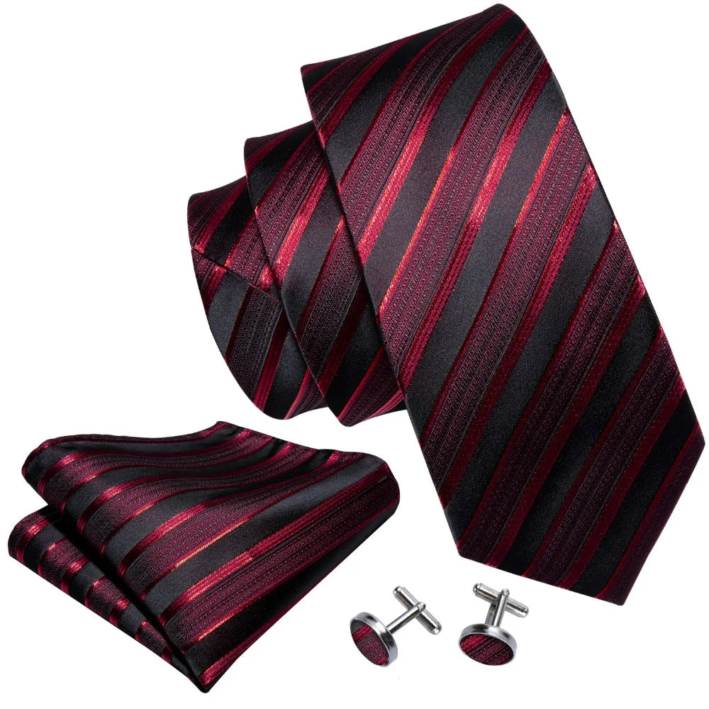 Cravate de luxe pour homme, ensemble de boutons de manchette et mouchoir en soie à rayures rouges, style business, Barry.Wang, accessoire tendance pour mariage, fête, décontracté