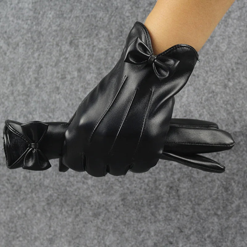 Hochwertige Leder Damenmode Winter Warm Schwarz Bogen Fahrradhandschuhe Frauen Fahren Touchscreen-Handschuh Fäustlinge B7
