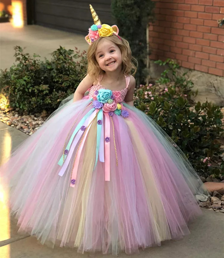 Robe tutu licorne pastel pour filles, robe de bal en tulle crocheté avec rubans marguerites, robe de soirée pour enfants