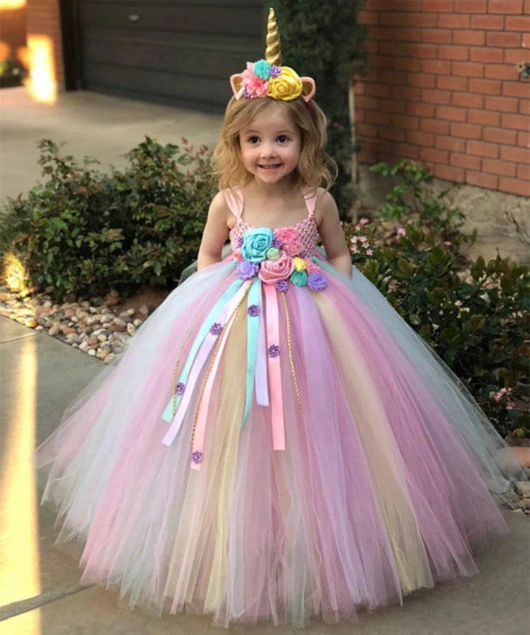 Robe tutu licorne pastel pour filles, robe de bal en tulle crocheté avec rubans marguerites, robe de soirée pour enfants