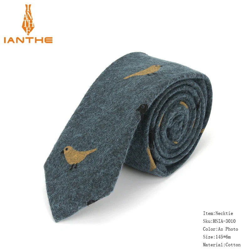 Cravate décontractée en coton pour homme, 6 cm, motif feuilles, imprimé oiseaux, style classique, idéal pour un mariage ou une soirée