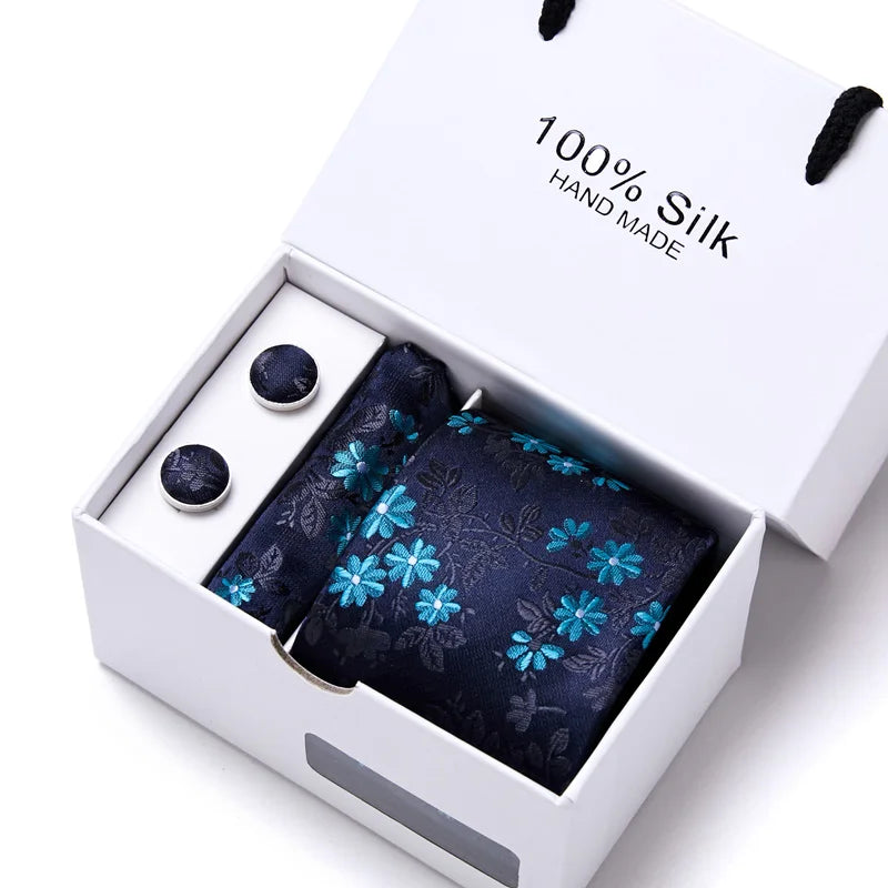 Brand 100% Silk Ties Gift box Office Men Classic Party Wedding striped 7.5cm Silk Wedding Floral Tie Necktie Handkerchief Set