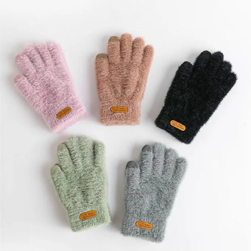 Gants tricotés d'hiver chauds et épais en fourrure pour écran tactile, mitaines solides pour téléphone portable, tablette, gants en laine et cachemire pour femmes