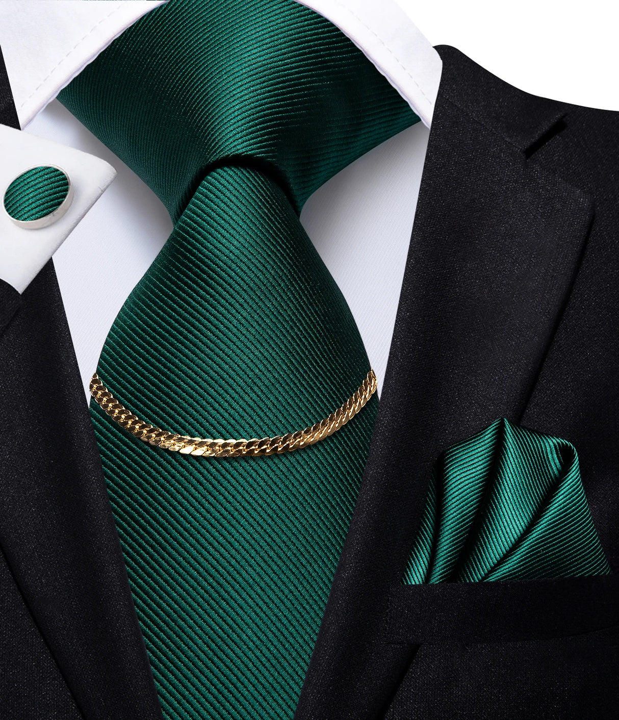 Hi-Tie Business Black Luxury Plaid Mens Tie Silk Neckties Fashion Tie Chain Hanky Cufflinks Set Design Gift For Men Wedding