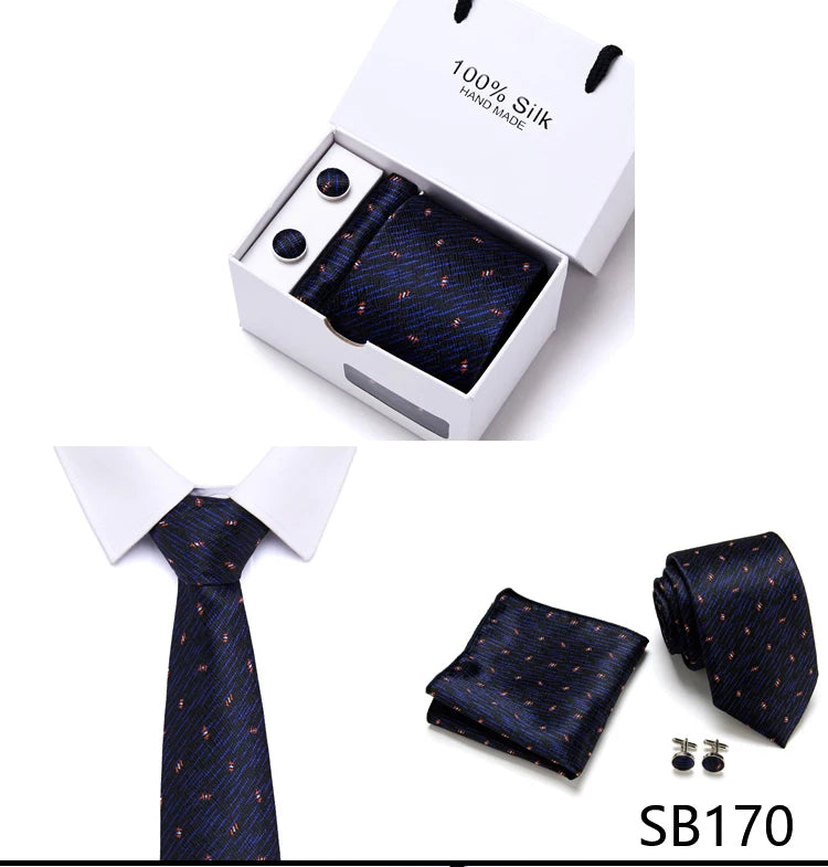 Brand 100% Silk Ties Gift box Office Men Classic Party Wedding striped 7.5cm Silk Wedding Floral Tie Necktie Handkerchief Set
