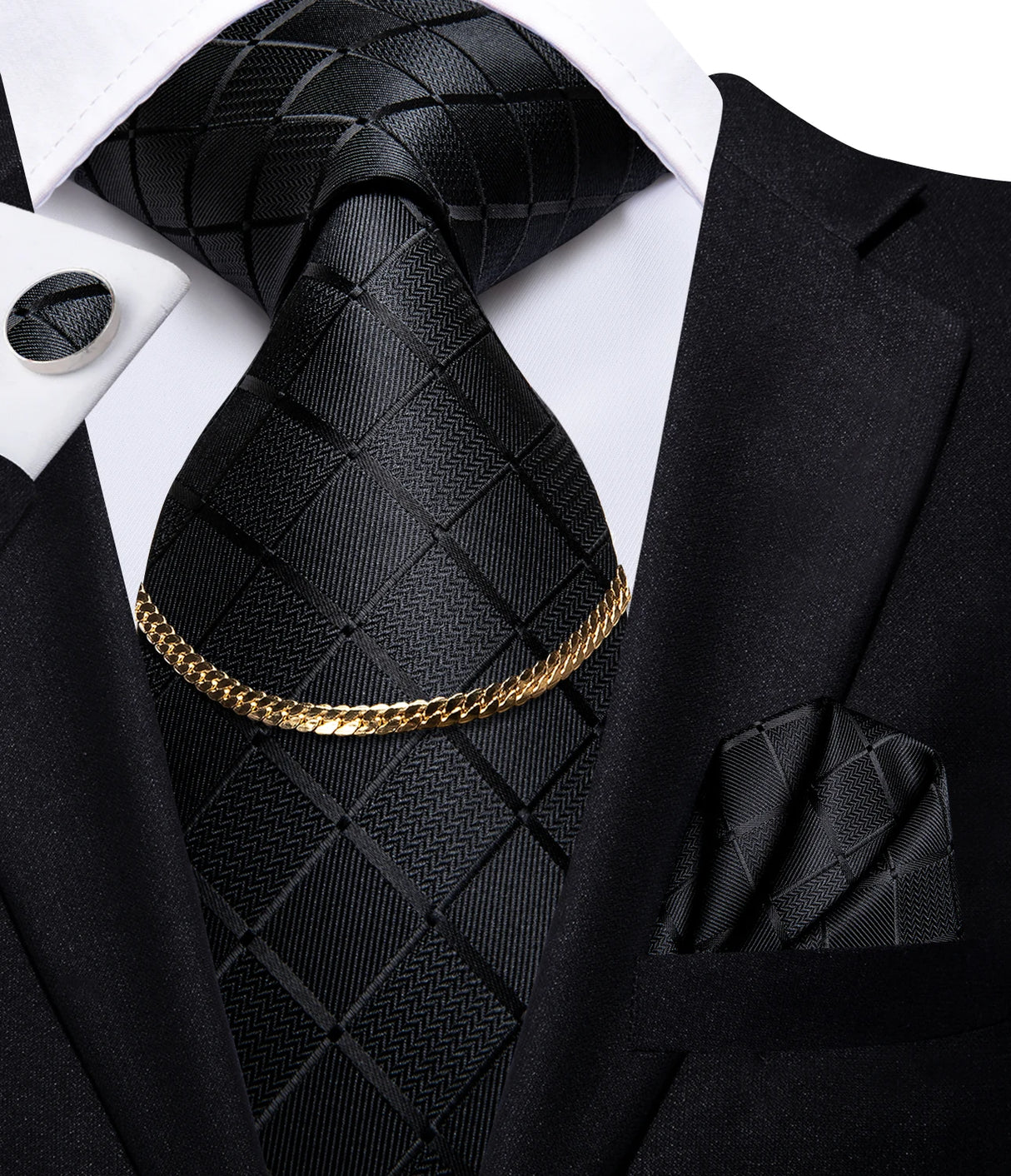 Hi-Tie Business Black Luxury Plaid Mens Tie Silk Neckties Fashion Tie Chain Hanky Cufflinks Set Design Gift For Men Wedding