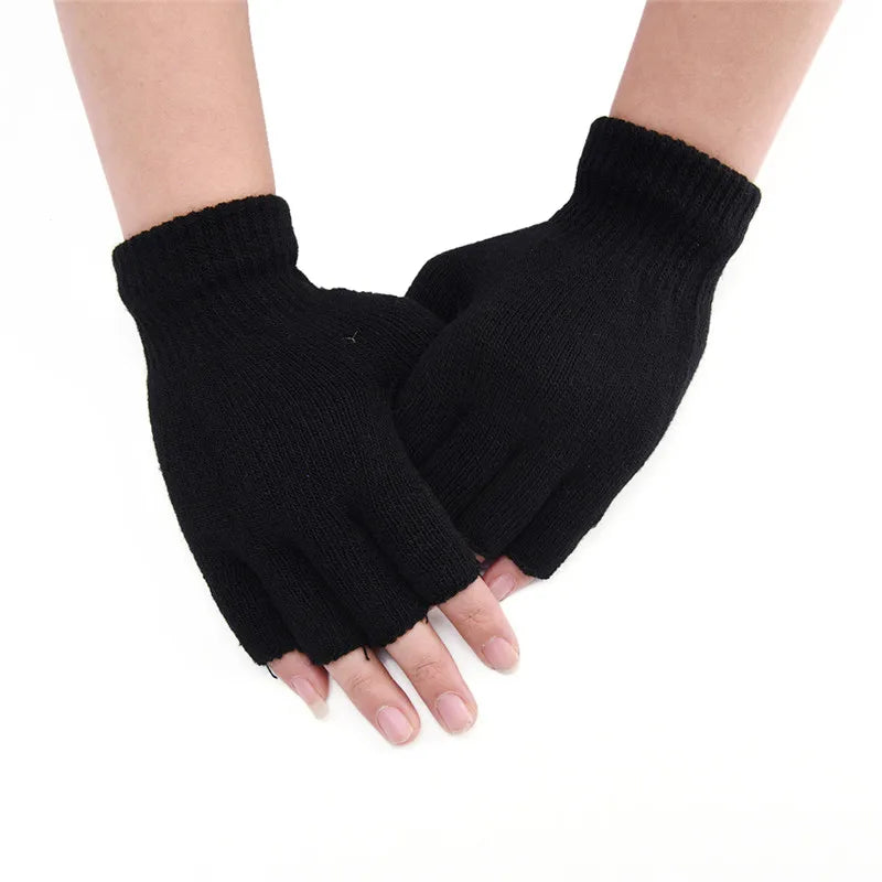 1 par de guantes negros de medio dedo sin dedos para mujer y hombre, de lana tejida, de algodón y con puños, cálidos para entrenar en invierno.