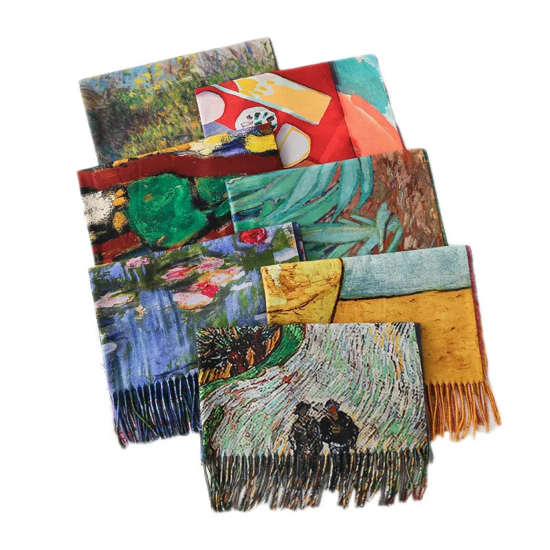 Fashion Oil Painting Scarf Women Winter Warm Van Gogh Painting Tassel Scarves Unique Luxury Long Print Wraps Shawl