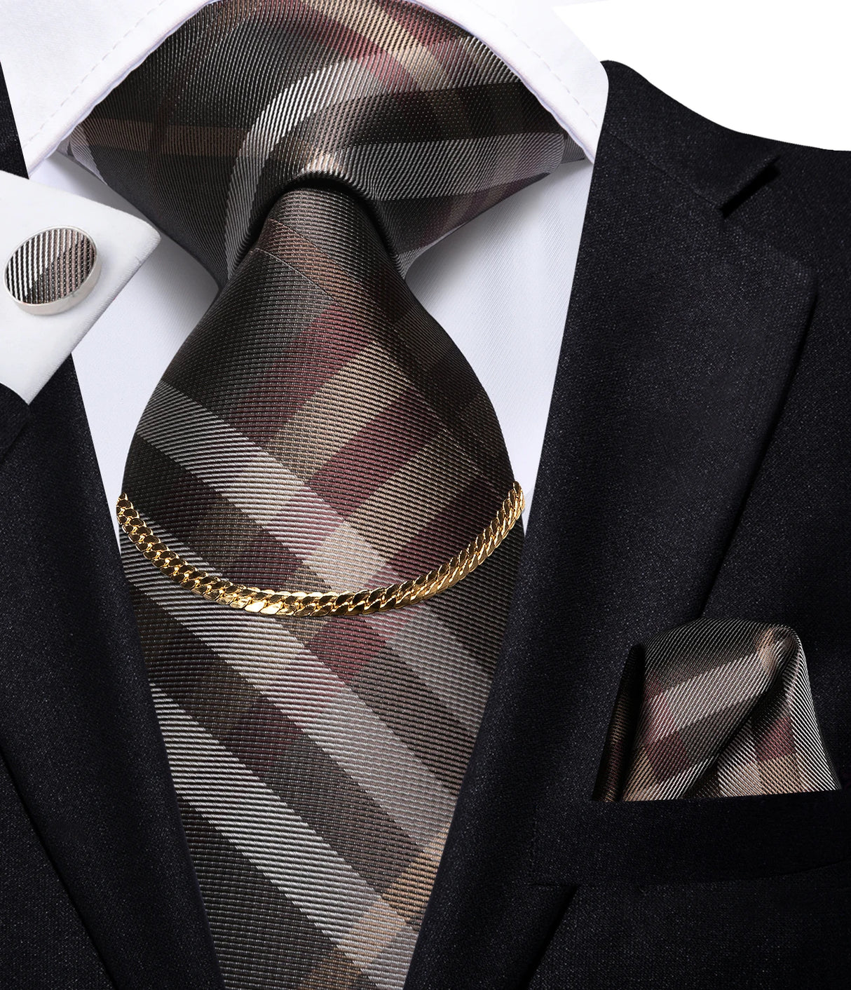 Hi-Tie Business Black Luxury Plaid Mens Tie Silk Neckties Fashion Tie Chain Hanky Cufflinks Set Design Gift For Men Wedding