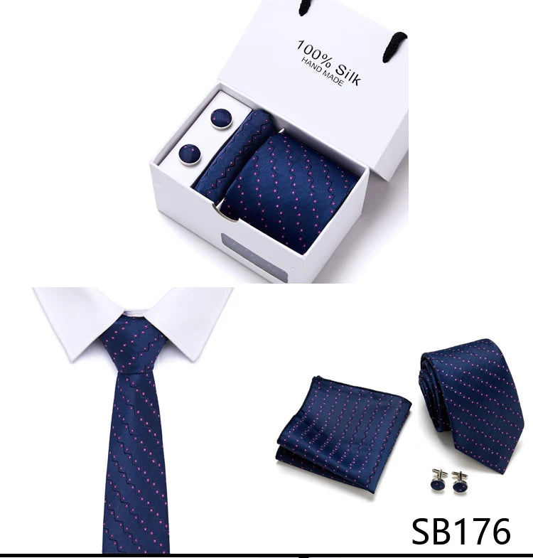 Brand 100% Silk Ties Gift box Office Men Classic Party Wedding striped 7.5cm Silk Wedding Floral Tie Necktie Handkerchief Set