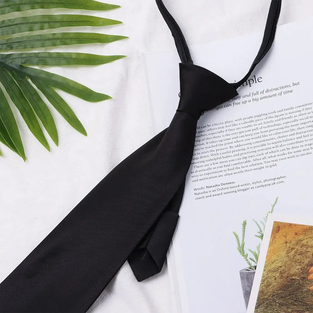 1 cravate rétro noire unie, soyeuse, étroite, fine, lisse, pour femme, fermeture éclair, décontractée, élégante, tendance, unisexe
