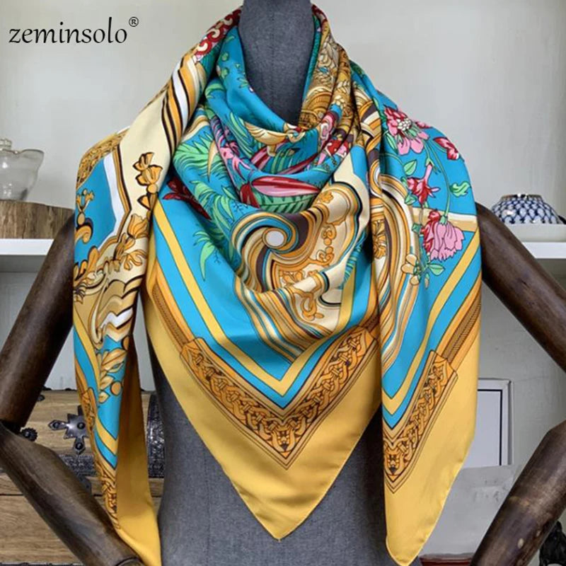 100% Silk Scarf Women Large Shawls Floral Print Stoles Square Bandana Luxury Brand Kerchief Scarves Female Foulard 130*130cm