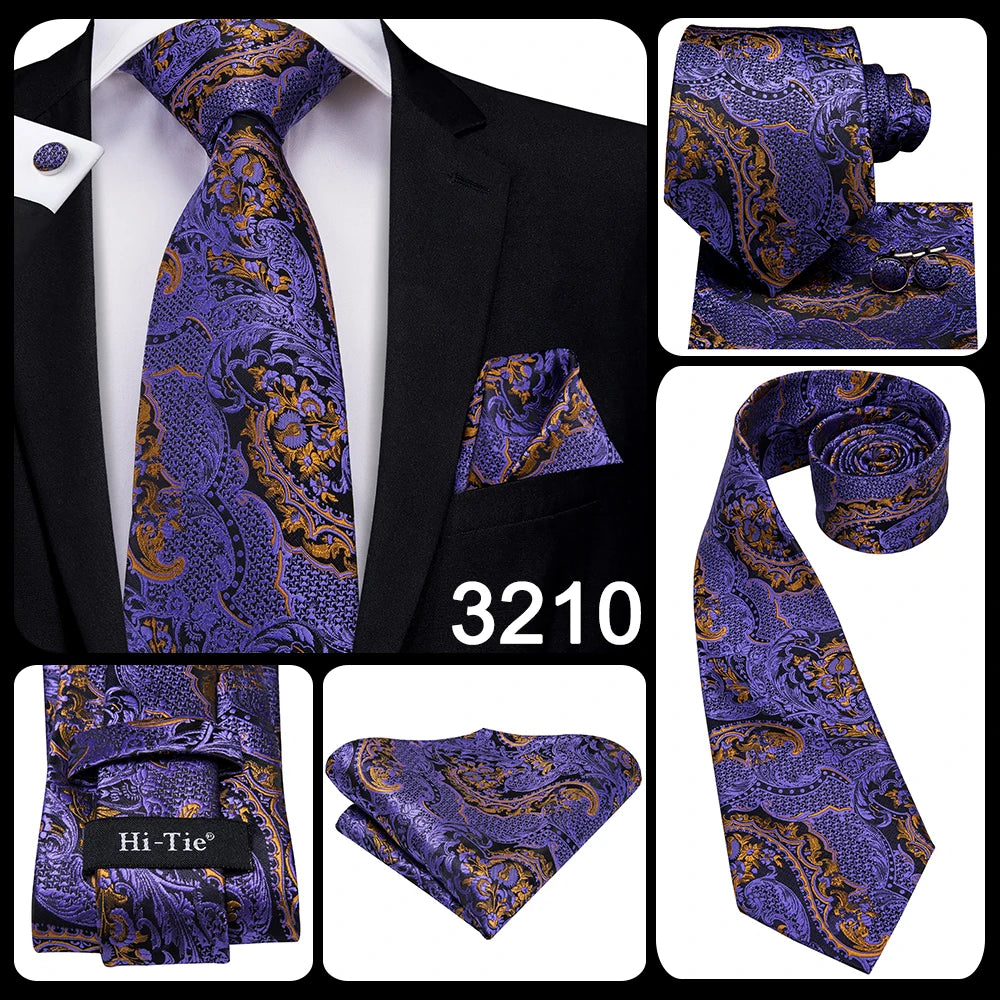 Hi-Tie – Cravate de mariage en soie violette unie à motif cachemire pour homme, ensemble de qualité avec boutons de manchette et mouchoir, cadeau tendance, livraison directe