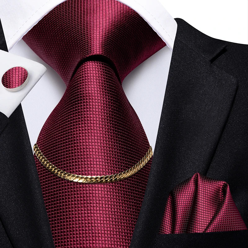 Hi-Tie Business Black Luxury Plaid Mens Tie Silk Neckties Fashion Tie Chain Hanky Cufflinks Set Design Gift For Men Wedding