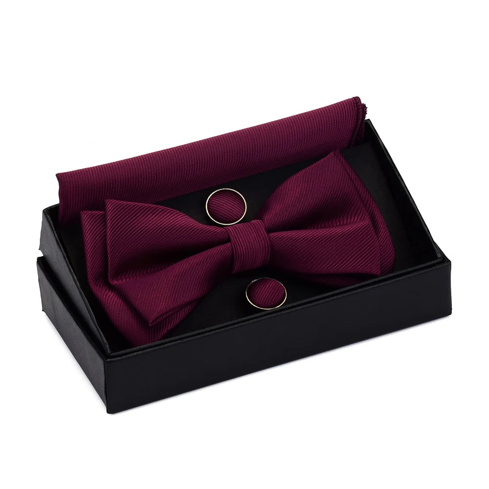 Ensemble de nœuds papillon solides de différentes tailles, haut et bas, nœud papillon uni pour homme, mouchoir, boutons de manchette, coffret cadeau pour hommes, cravates de mode de mariage