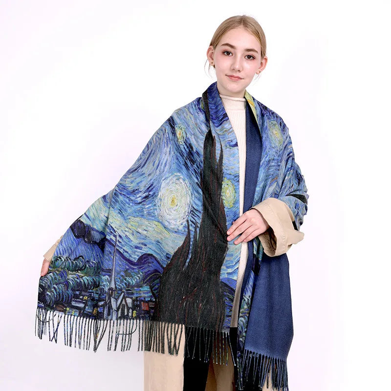 Fashion Oil Painting Scarf Women Winter Warm Van Gogh Painting Tassel Scarves Unique Luxury Long Print Wraps Shawl