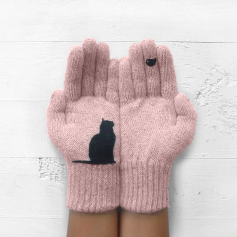 Gants d'hiver pour hommes, femmes et adolescents, mignons, imprimés de chats et d'oiseaux, gants thermiques tricotés, mitaines chaudes et coupe-vent, gants doux